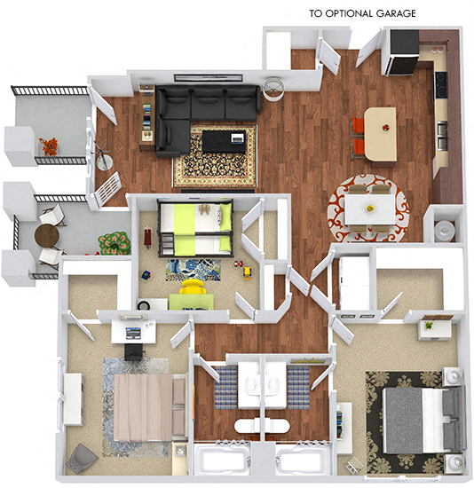 Floor plan for 3 beds, 2 baths, 1303 sqft